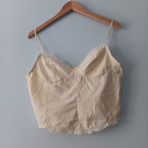 Light Yellow Bustier Crop Cami Bow Front Ruffle Hem Spaghetti Strap Top M